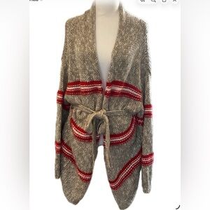 ***PRESS*** Stylish Women's Gray and Red Roomy Belted Striped Cardigan